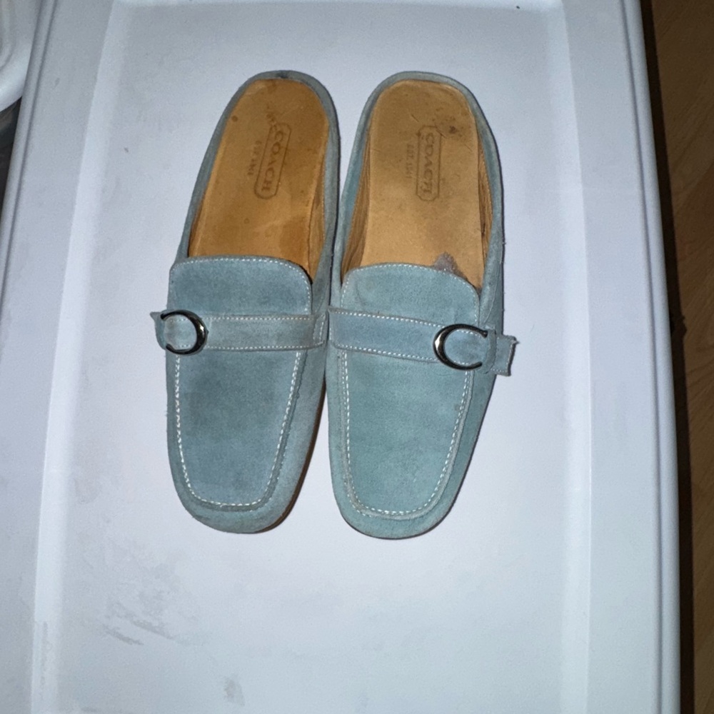 Coach Suede Mules Sz 8 Blue Robin Egg with Silver Buckle Gently Worn